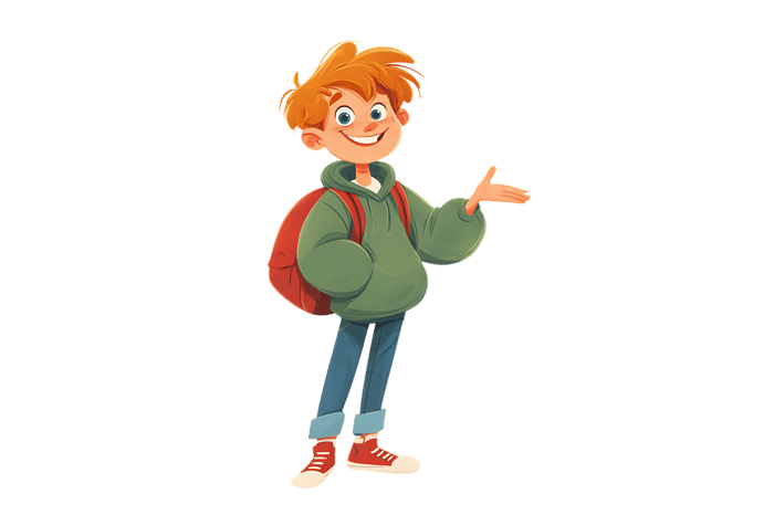 Cartoon boy with backpack pointing, for school or education