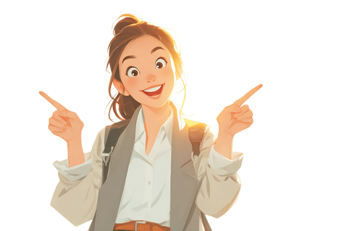 Woman pointing in opposite directions with a big smile