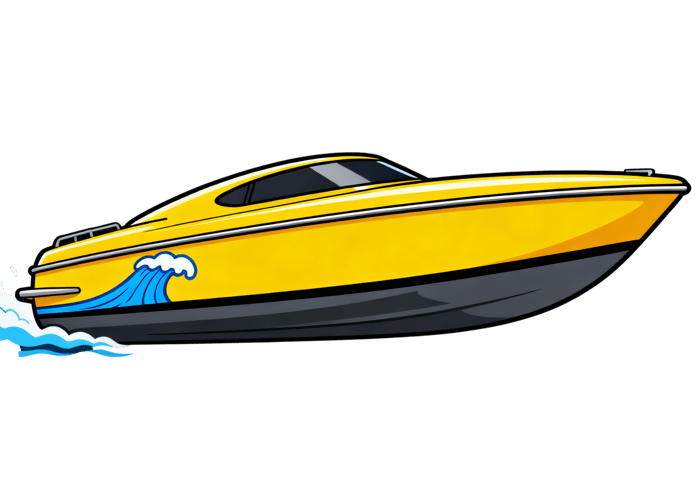 Illustration of a cartoon yellow speedboat on the water