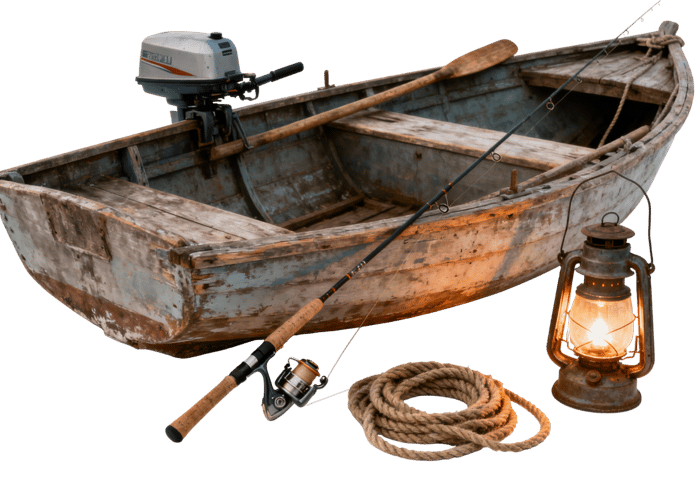Old fishing boat with motor, lantern and fishing pole