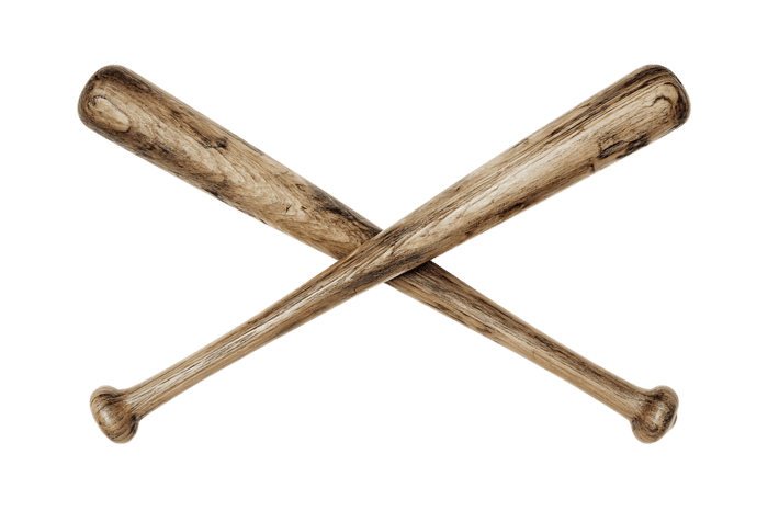 Pair of crossed baseball bats, sport equipment.
