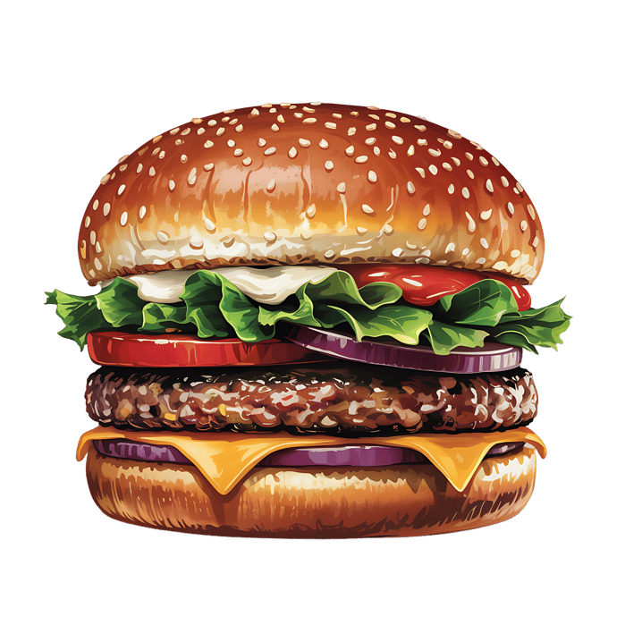 Juicy double cheeseburger with lettuce, tomato, and onion.