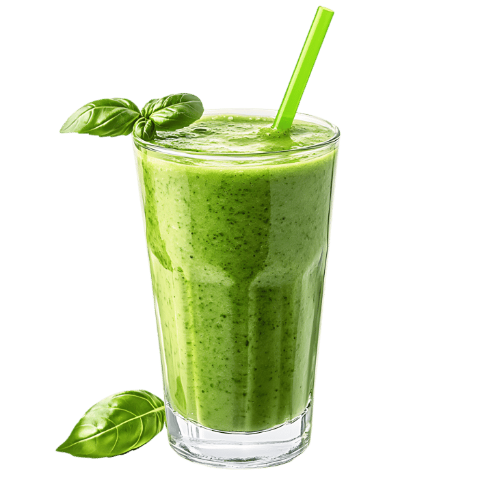 Refreshing green smoothie with basil garnish.