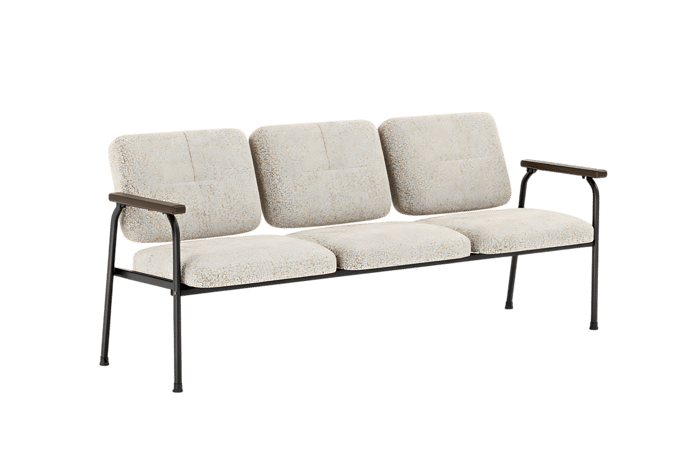 Modern three seater sofa with beige cushions