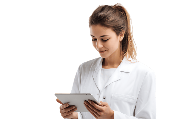Smiling female doctor using digital tablet. Healthcare, technology, medical.