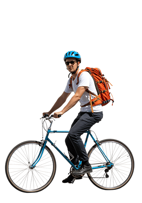 Man with helmet and backpack riding bicycle