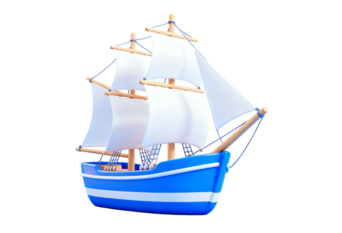 Cartoon sailing ship with white sails on a blue hull