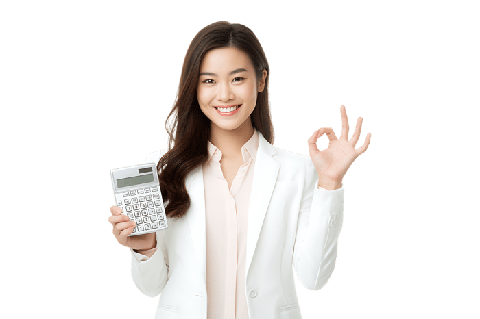 Smiling businesswoman holding calculator, OK sign.