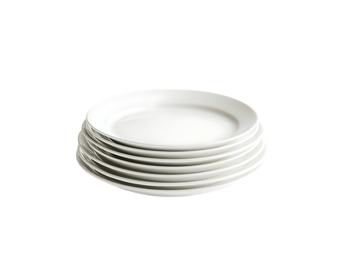 Stack of clean white plates, isolated on white background.