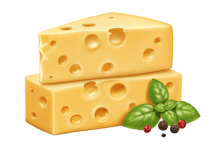 Two slices of cheese with basil and peppercorns
