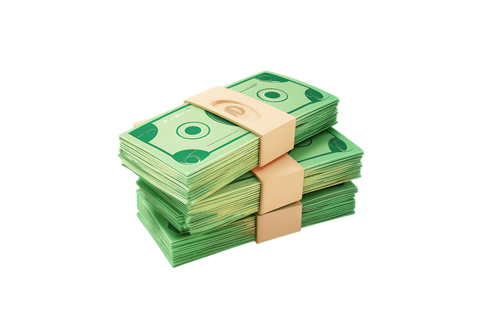 Three stacks of money tied with bands. Wealth, finance, and prosperity concept.