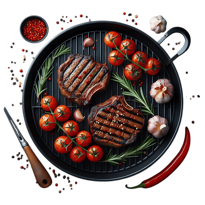 Grilled steaks with cherry tomatoes, garlic, and rosemary.