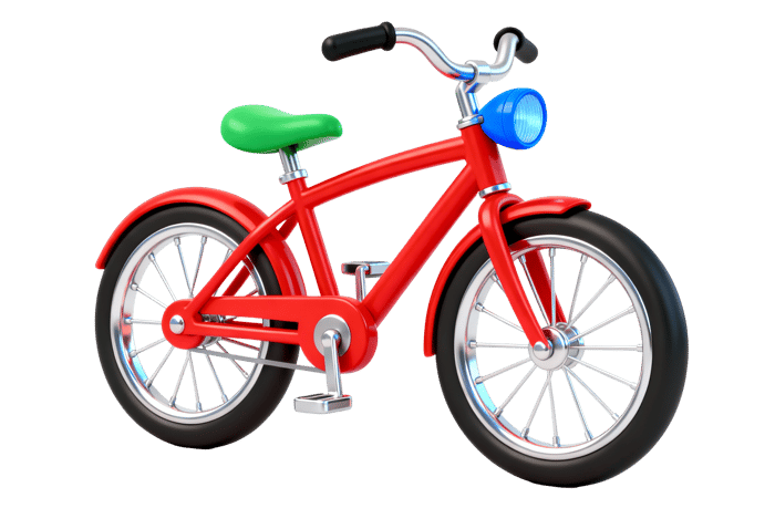 Red bicycle with green seat and blue headlight