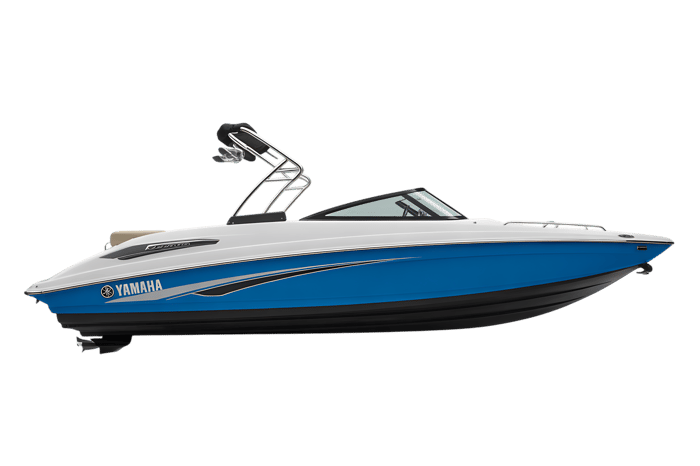 Blue and white powerboat on black