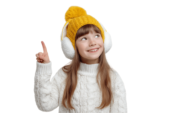 Cute girl in winter hat and earmuffs pointing upwards, suggesting an idea or looking at something interesting.