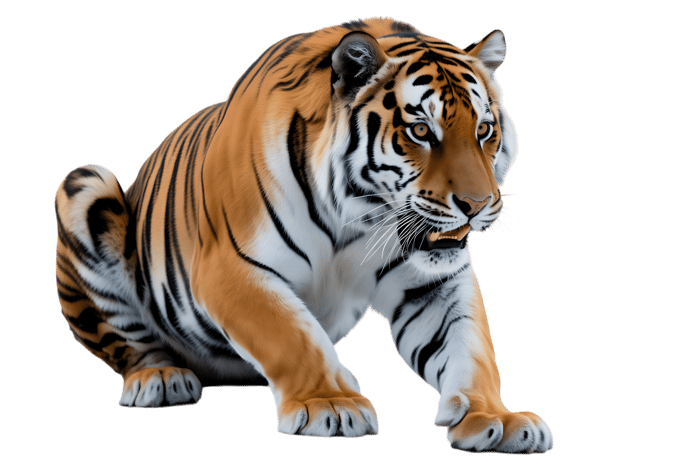 Crouching bengal tiger ready to pounce, isolated on transparent