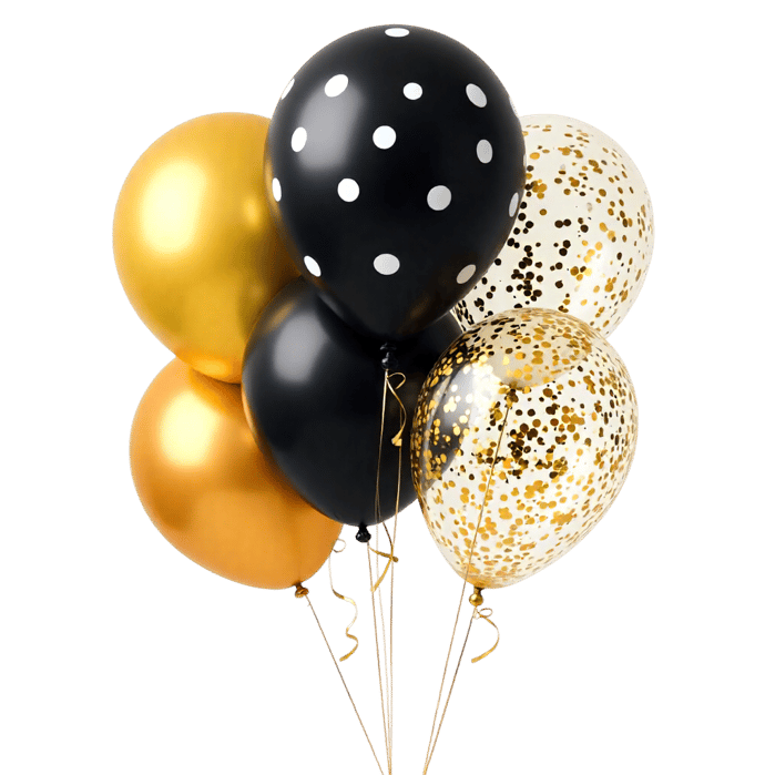 Gold and black balloons with confetti for party