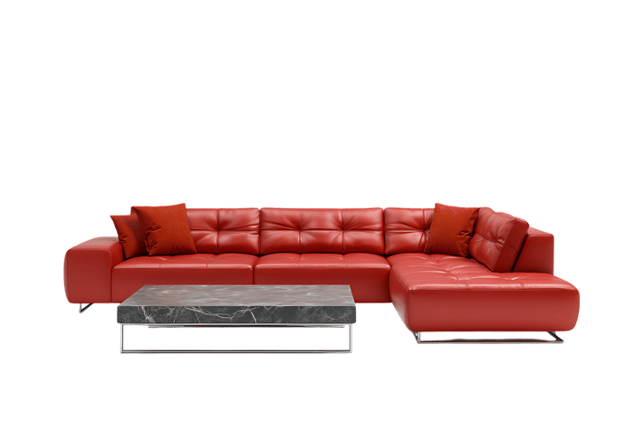 Modern red leather sectional sofa and marble coffee table