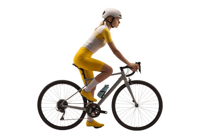Female cyclist riding a bicycle, wearing helmet