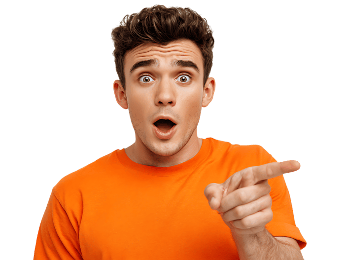 Shocked man pointing aside. Big eyes, open mouth. Wow!