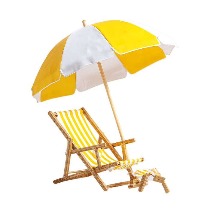 Yellow and white beach chair and umbrella isolated on black, perfect for summer vacation themes