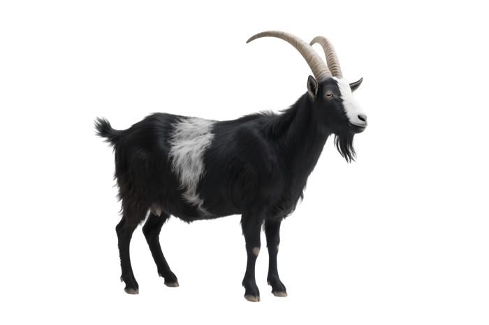 Black goat with white markings and long horns, isolated