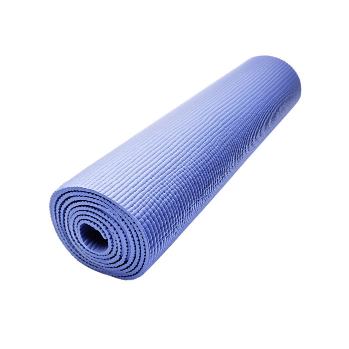 Close up of a rolled up light blue yoga or exercise mat