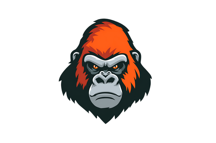 Stylized orangutan head illustration with vibrant orange fur and fierce expression, suitable for team mascot