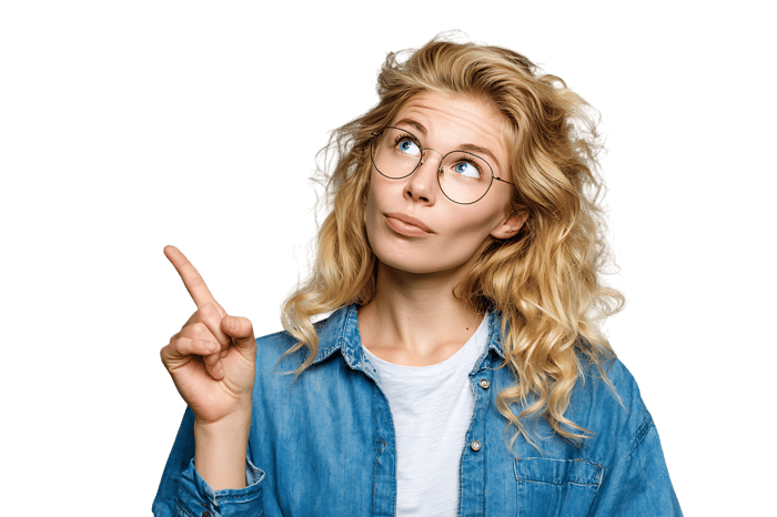 Woman with glasses pointing up, having an idea.