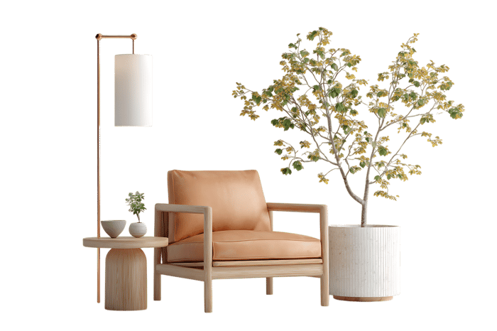 Tan leather armchair with plant