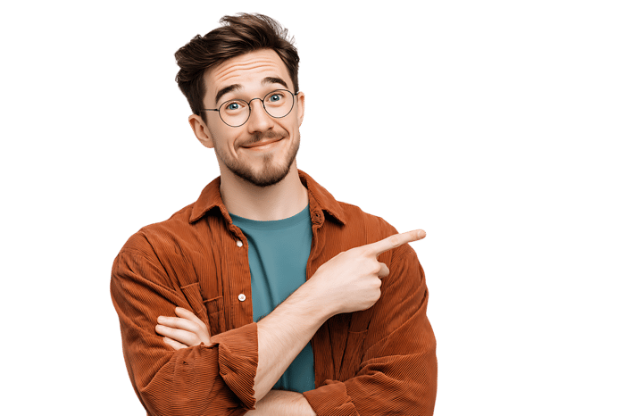 Smiling man in glasses points to the side, indicating something interesting.