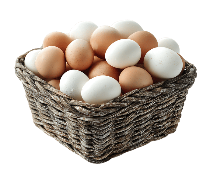 Brown and white eggs in a rustic basket.