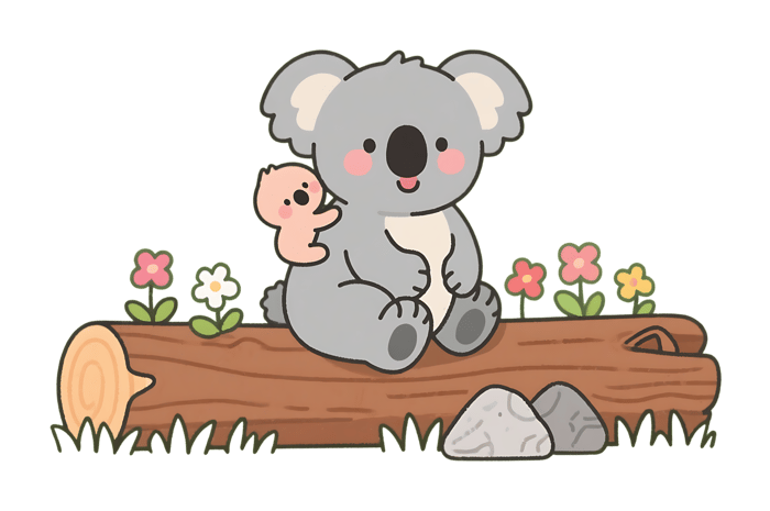 Cute koala with baby on log cartoon illustration