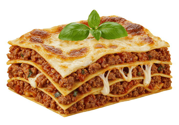 Delicious lasagna with melted cheese and basil.