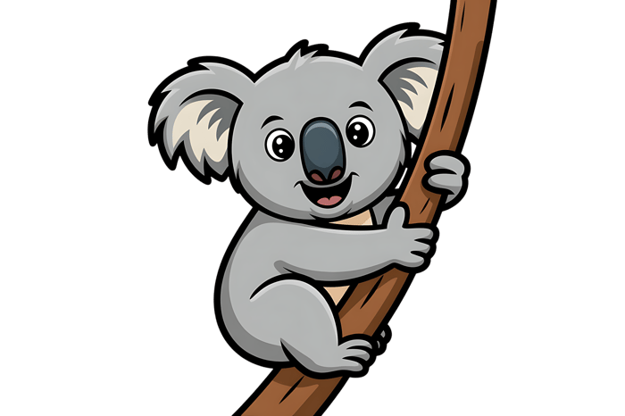 Smiling koala cartoon clinging to a tree branch