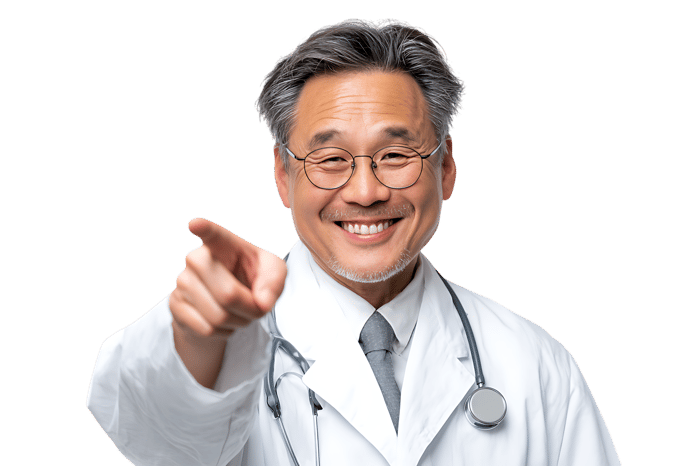 Smiling Asian doctor points at you895.