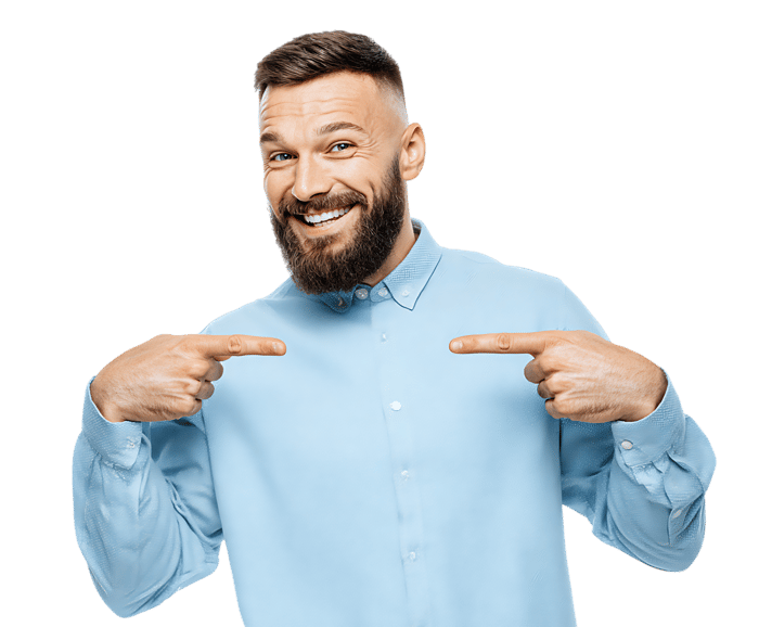 Smiling man points at himself.