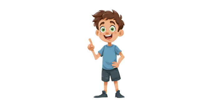Cartoon boy pointing up, happy and cheerful