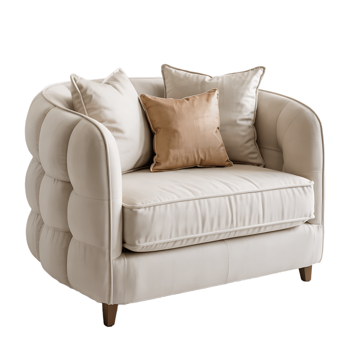 Beige tufted loveseat with pillows.