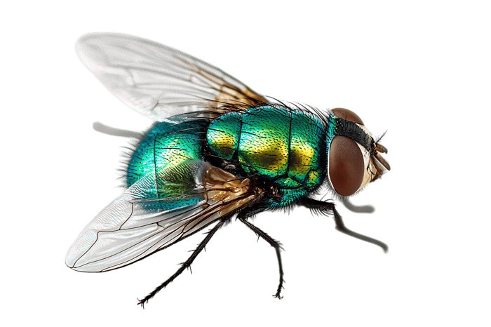 Detailed macro shot of a green bottle fly against a black background.