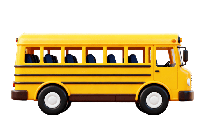 Cartoon style yellow school bus on transparent background