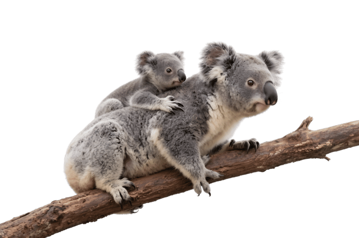 Koala with baby joey on back sitting on branch