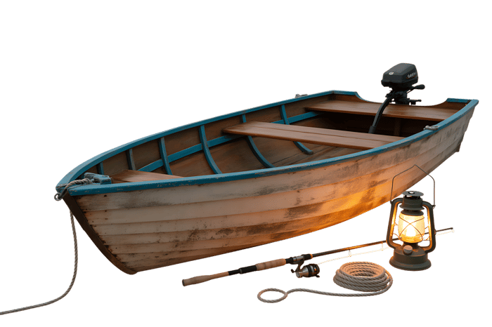 Wooden rowboat with fishing gear and lantern