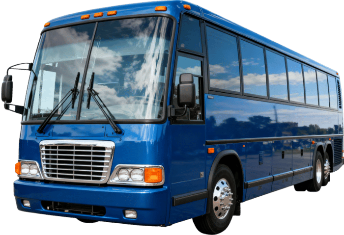 Blue coach bus for group travel and transportation