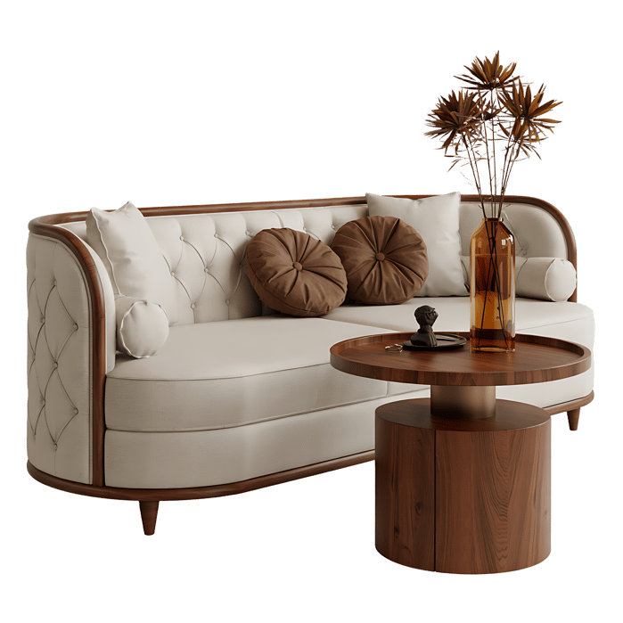 Elegant cream sofa and wooden coffee table set