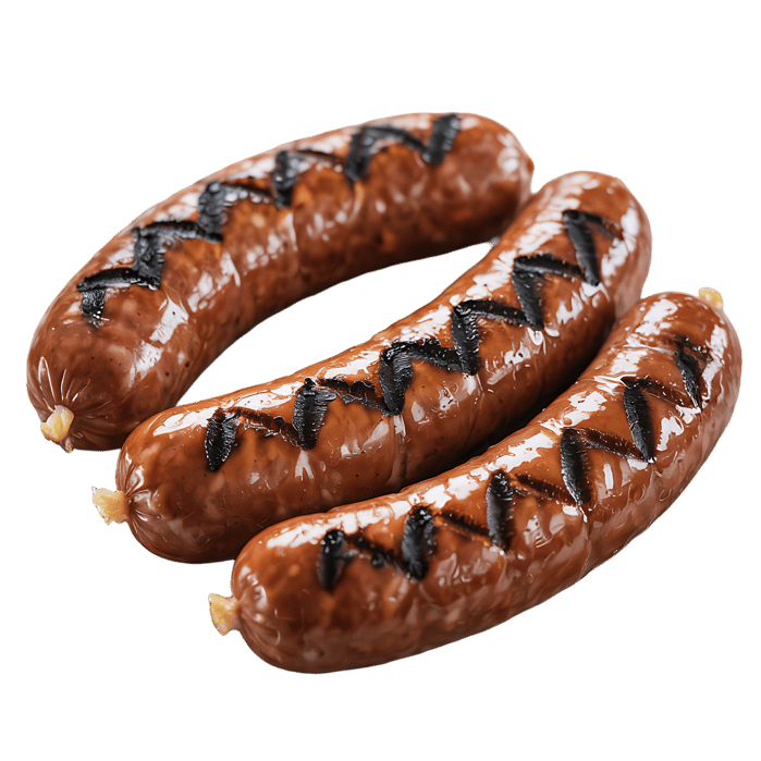 Three delicious grilled sausages, ready to eat.