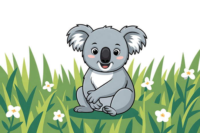 Cartoon koala in grass with flowers
