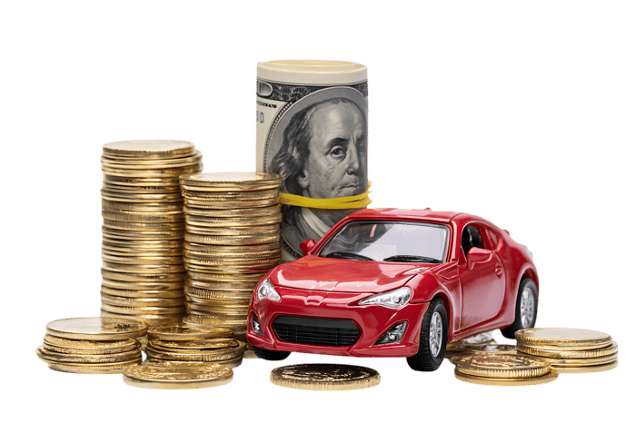 Red car model with stacks of coins and dollar bills.