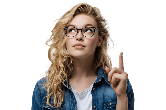 Young woman pointing up, having a bright idea.