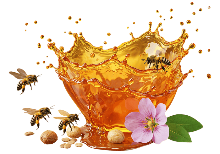 Honey splash with bees and flower421